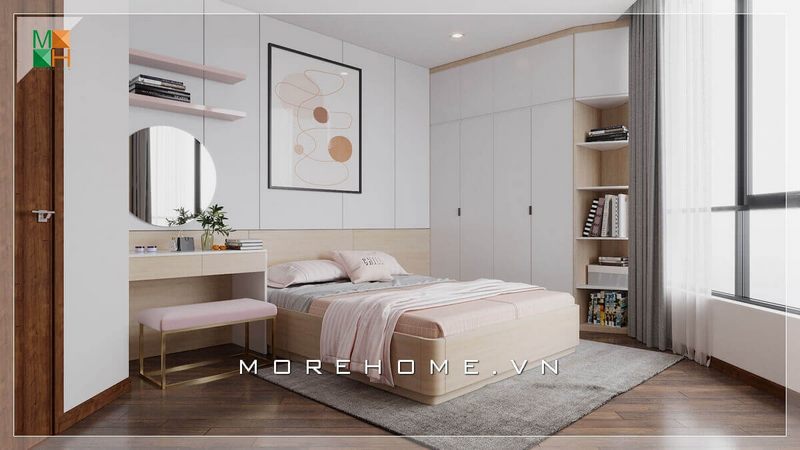 . Nếu bạn muốn sử dụng lát sàn bằng gỗ nhưng không muốn phòng của mình quá tối bởi nội thất màu tối, hãy để Morehome giúp bạn tạo ra một phòng ngủ tông trắng hồng dịu dàng này nhé.